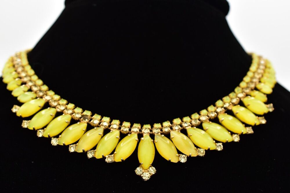 Vintage Yellow Crystal Collar Necklace Marquise Prong Rhinestone Gold 1960s BinK